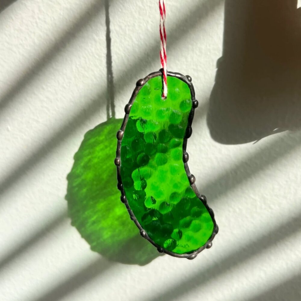 Handmade Stained Glass Pickle Ornament | Suncatcher | Holiday Decor